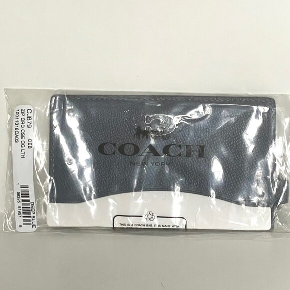 Coach CJ879 Zip Card Case Deep Blue Leather Wallet D-Ring Clip Keyring Unisex - Picture 4 of 7